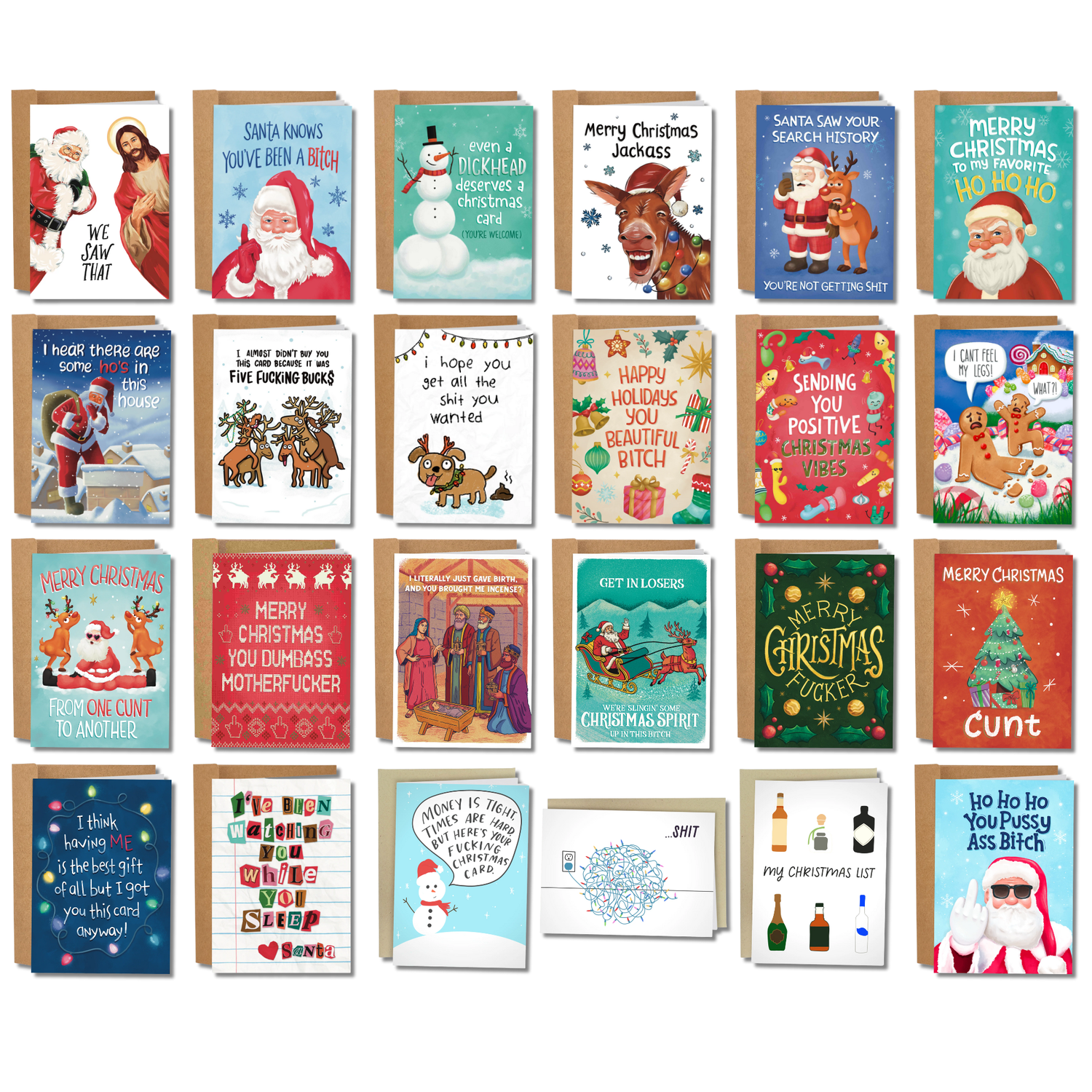 Collection of Christmas cards with various designs and text on a white background