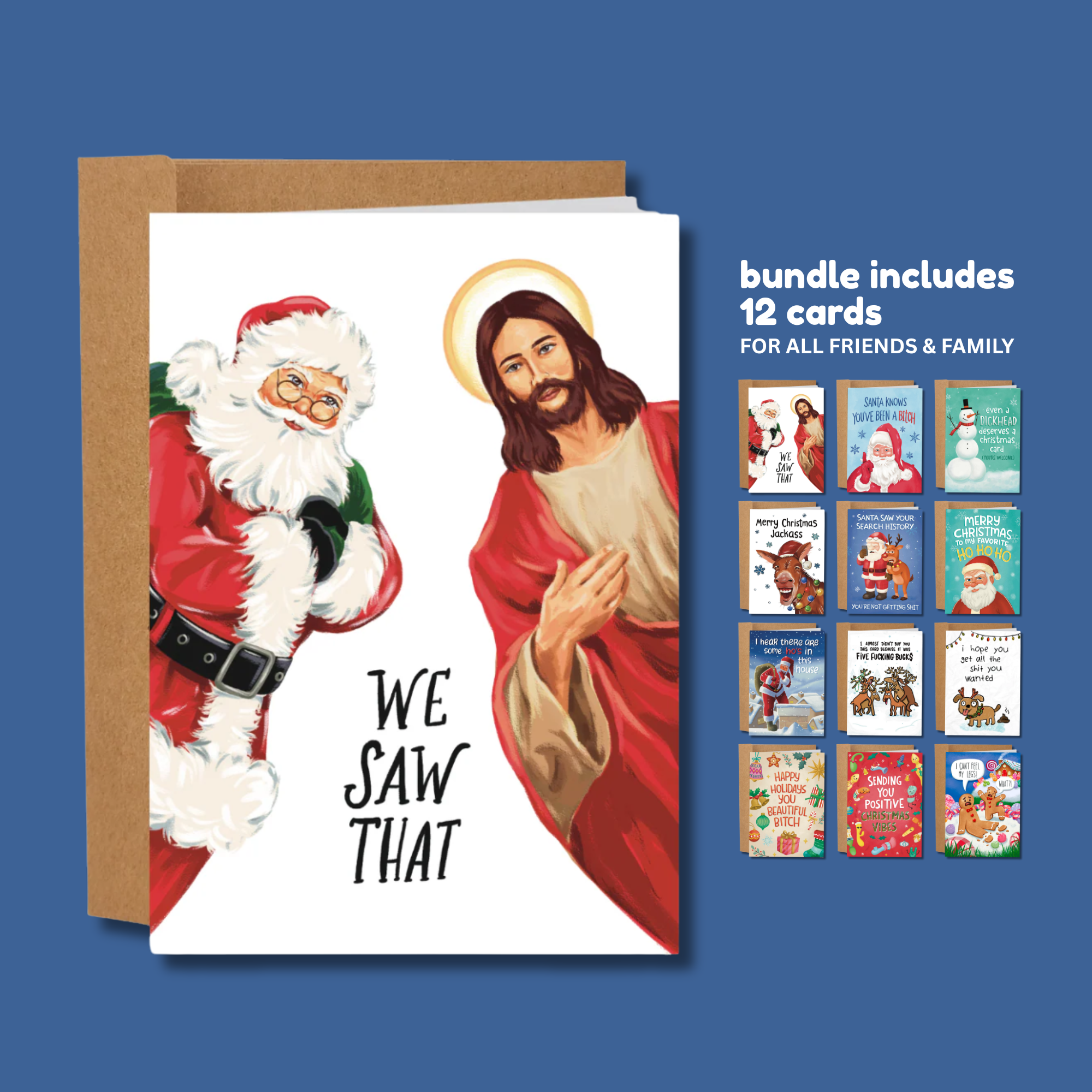 Greeting card bundle with Santa Claus and Jesus design on a blue background