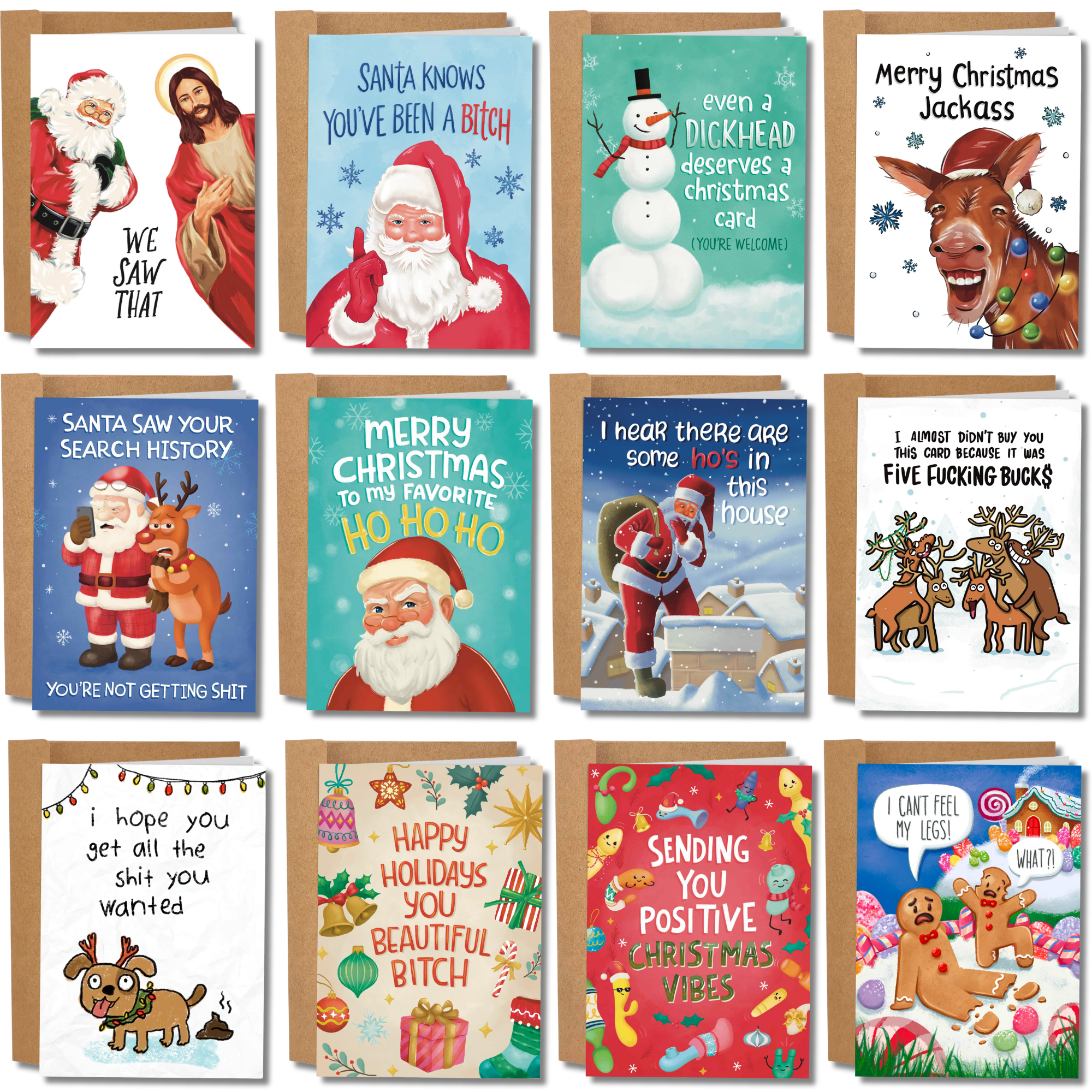 Collection of Christmas-themed cards with various designs and text.