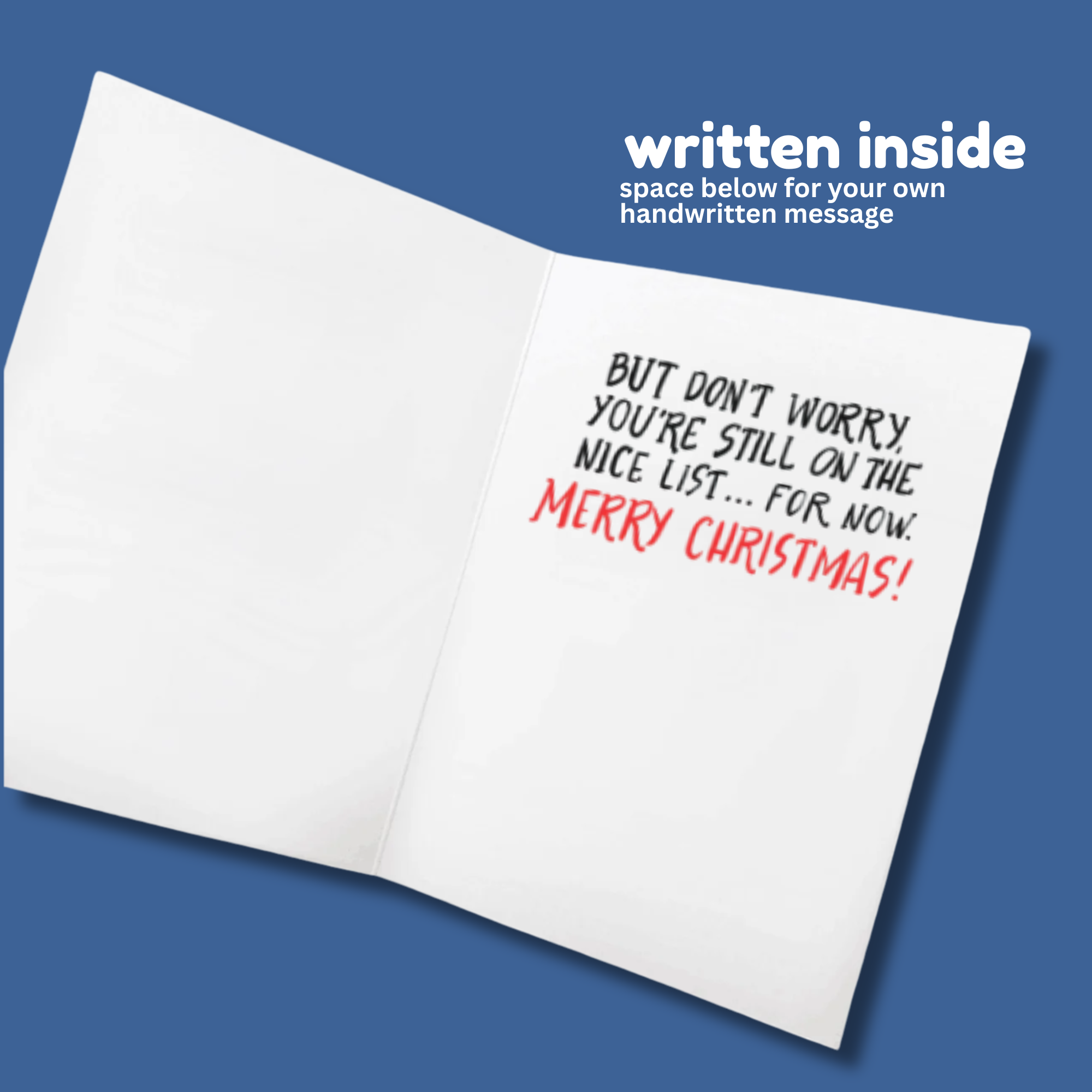 Open card with handwritten message on a blue background