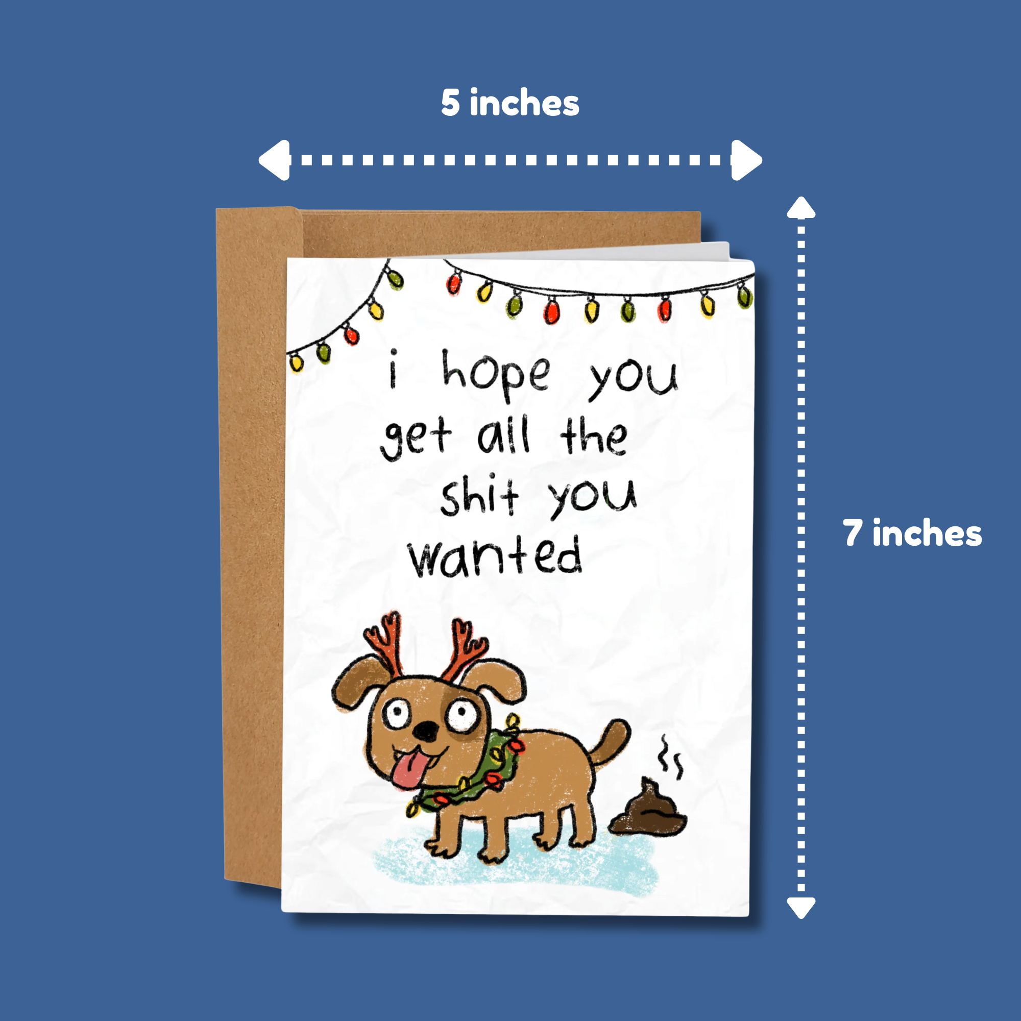 Greeting card with a dog illustration and humorous text, shown with dimensions on a blue background.