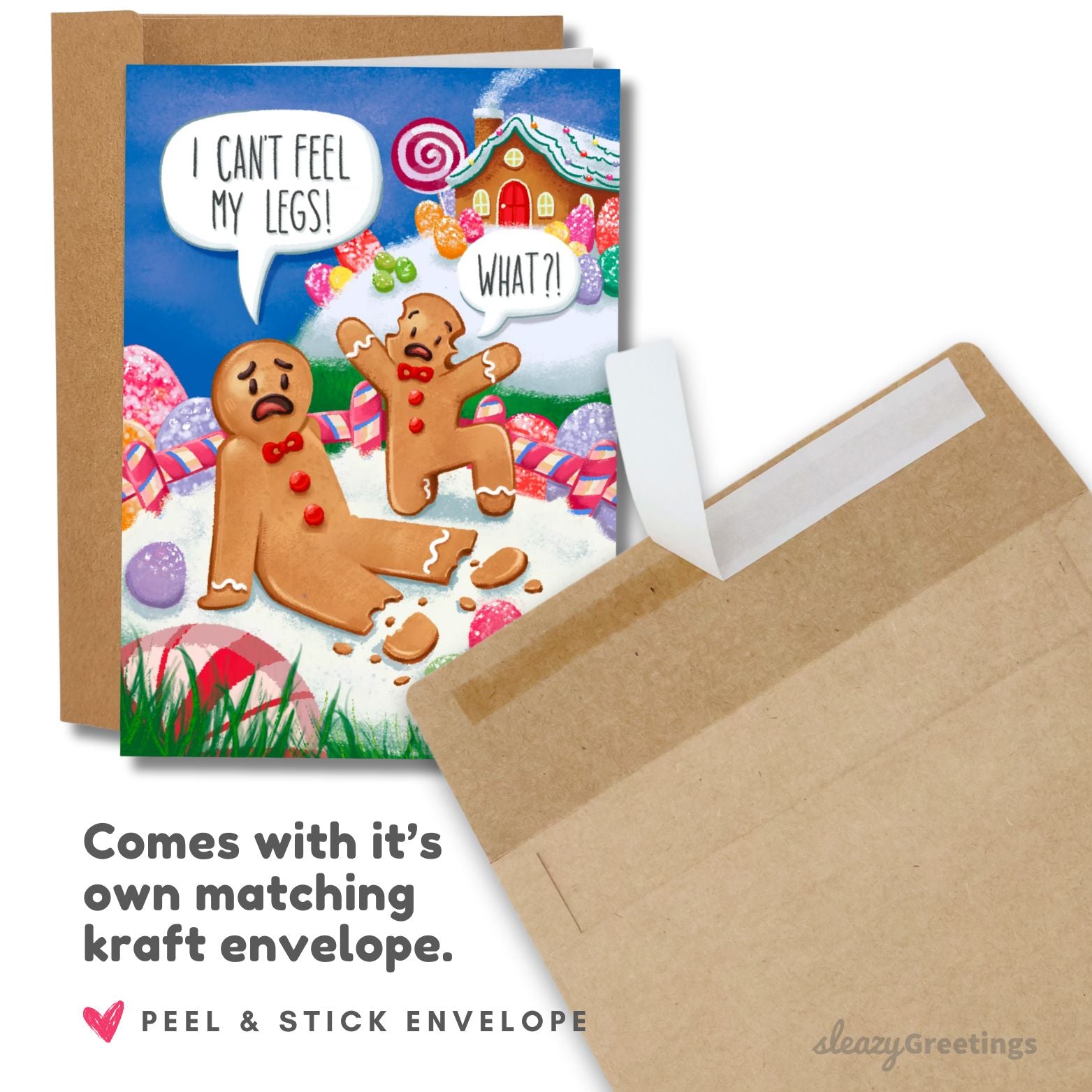 Greeting card with gingerbread men and candyland design, featuring a matching kraft envelope.