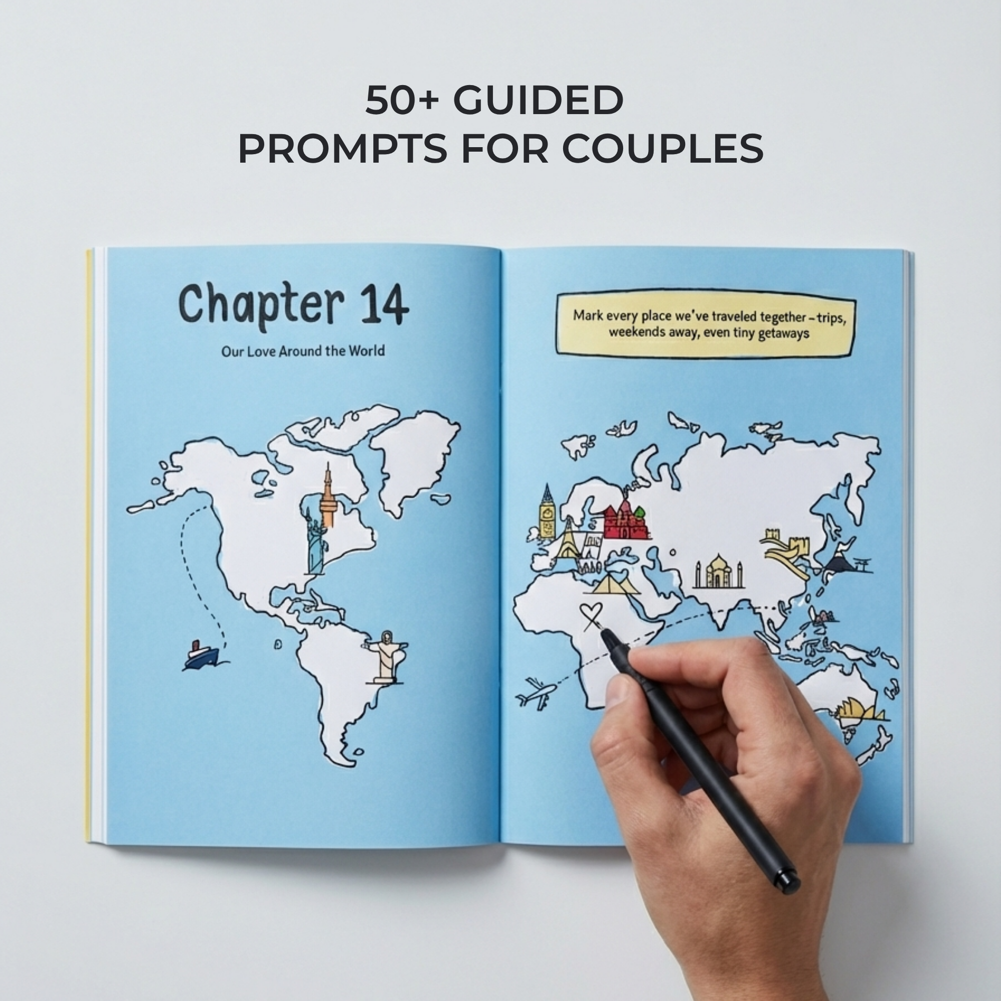 Sleazy Greetings ‘Our Love Story’ couples journal open to an interactive travel-themed prompt page featuring illustrated world maps and a hand marking shared destinations. Relationship keepsake journal with 50+ guided prompts for couples designed to document memories, trips, adventures, and meaningful experiences together.