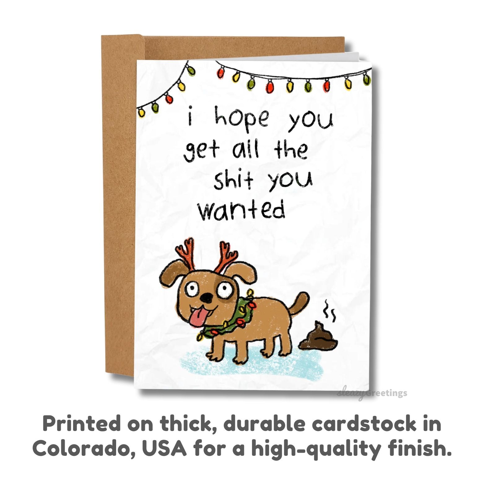 Card with a dog illustration and humorous text, printed on thick cardstock in Colorado, USA.