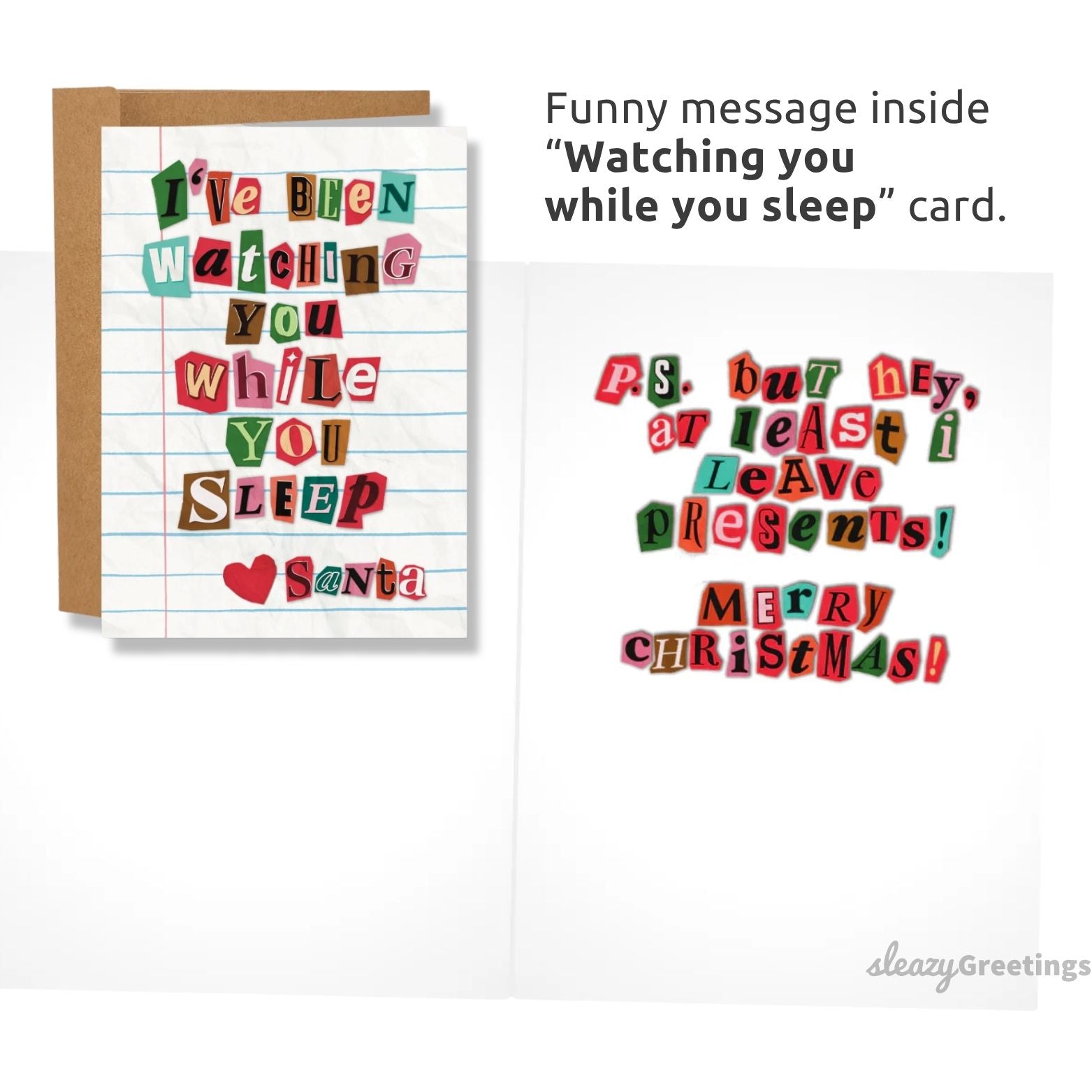 Card with colorful text message and Santa Claus graphic on lined paper design.