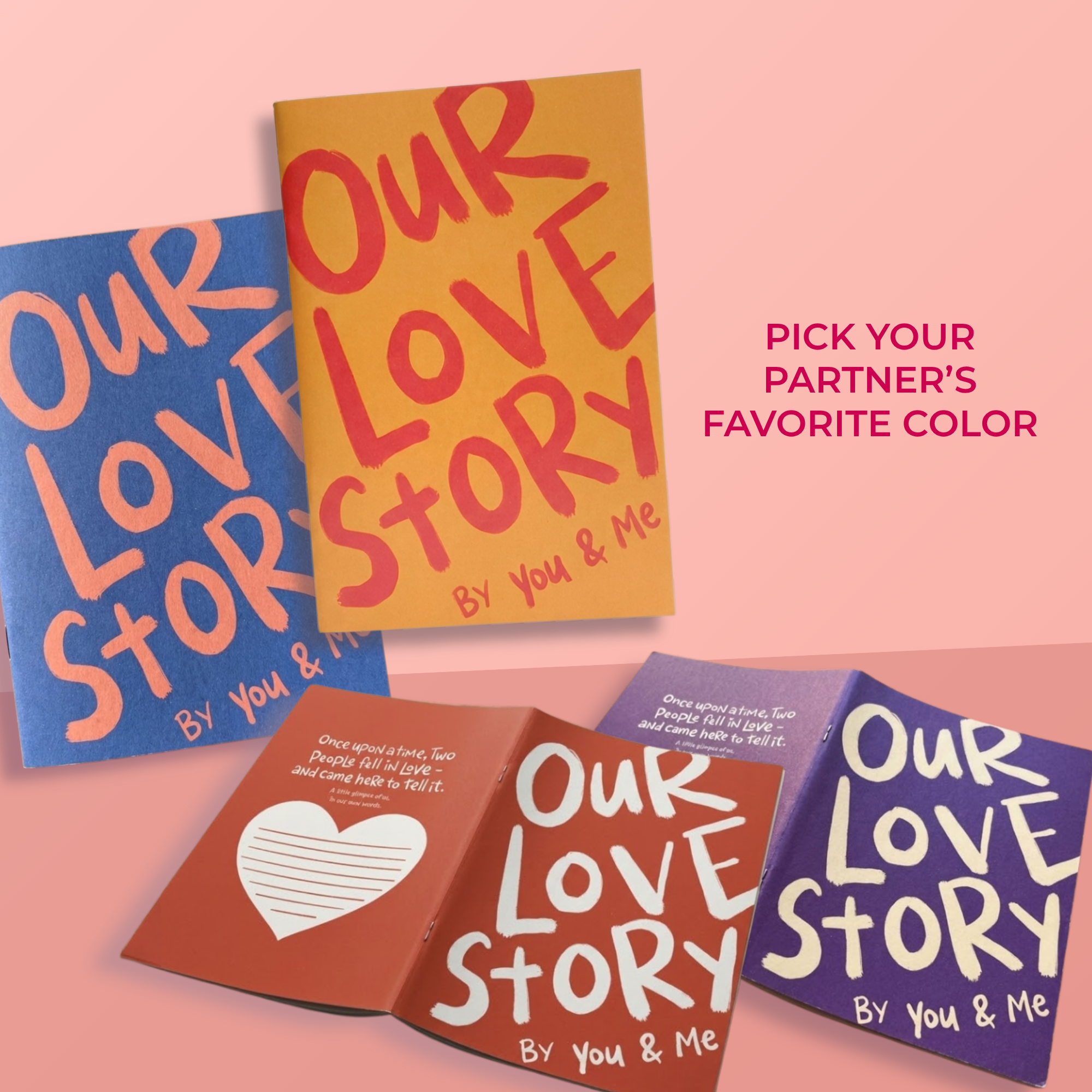 Sleazy Greetings ‘Our Love Story By You & Me’ couples journal collection featuring multiple colorful cover variations and an open interior page with guided prompts. Relationship memory books available in different color options, designed for couples to document experiences, memories, and shared moments together.