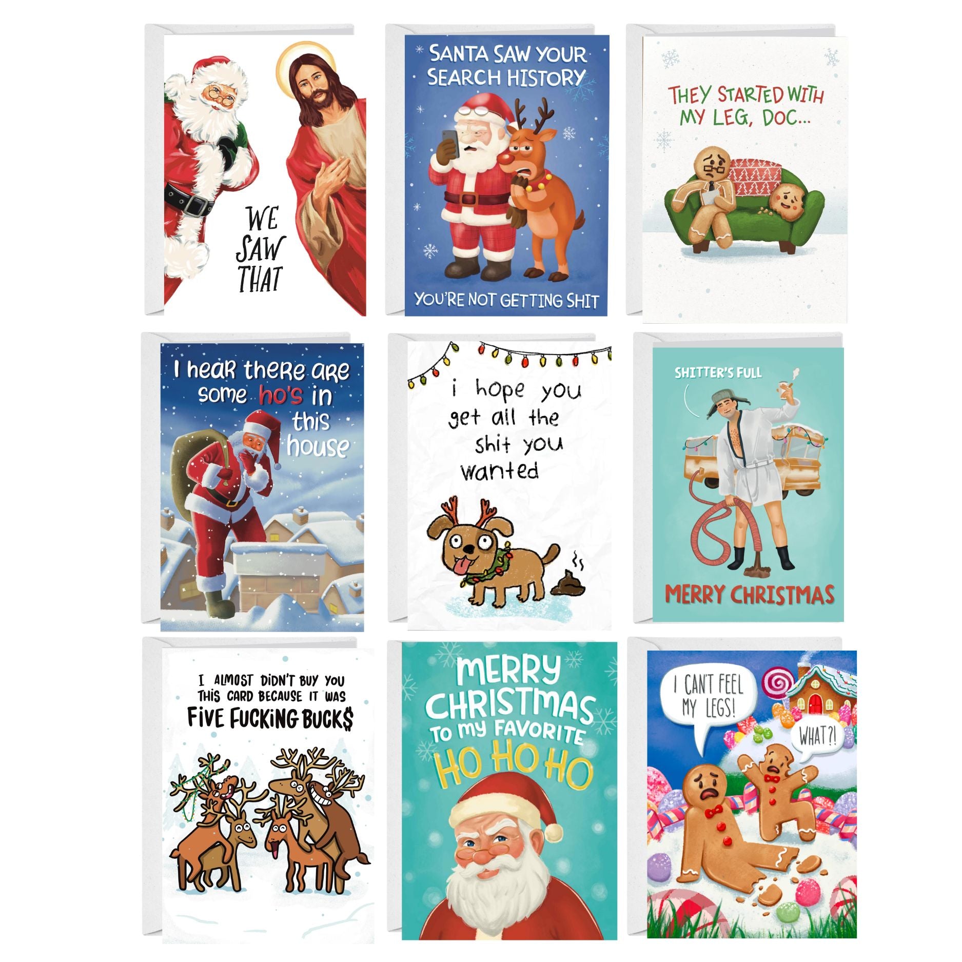 Collection of humorous Christmas cards with various designs and text.
