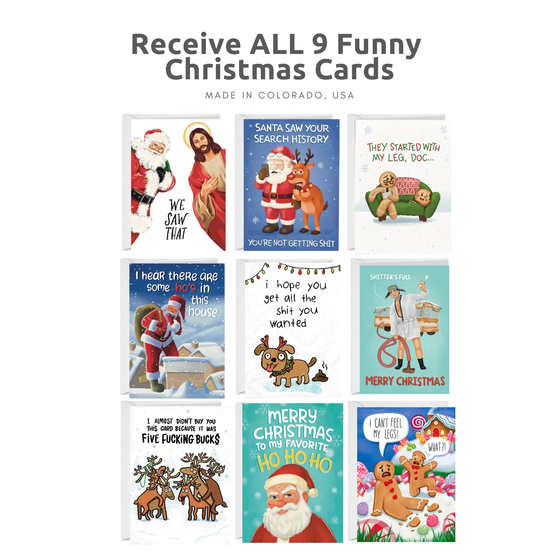 Collection of 9 Funny Christmas Cards from Colorado, USA.
