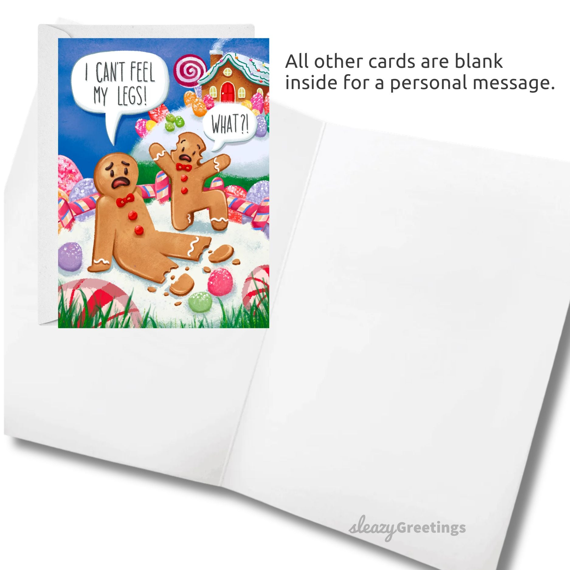 Greeting card with gingerbread men design and blank inside text area.