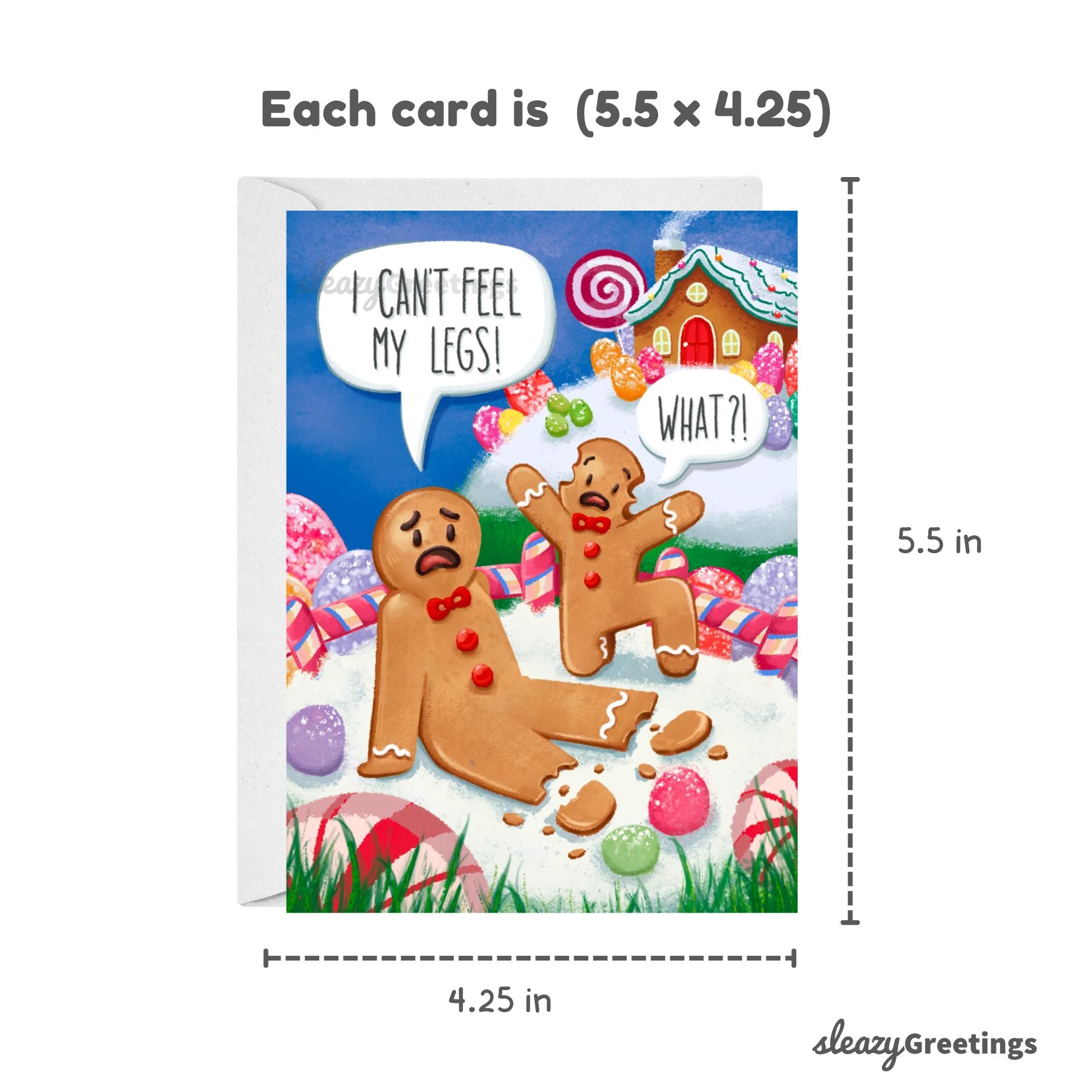 Greeting card with gingerbread men and candyland design, showing dimensions and brand name.