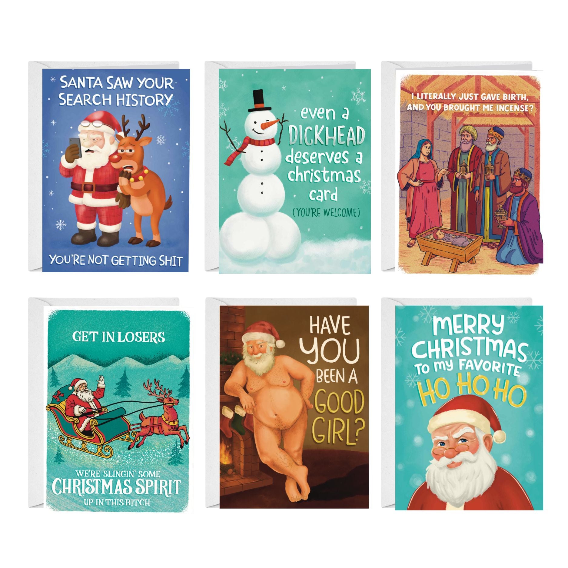 Collection of six Christmas-themed cards with various designs and text.