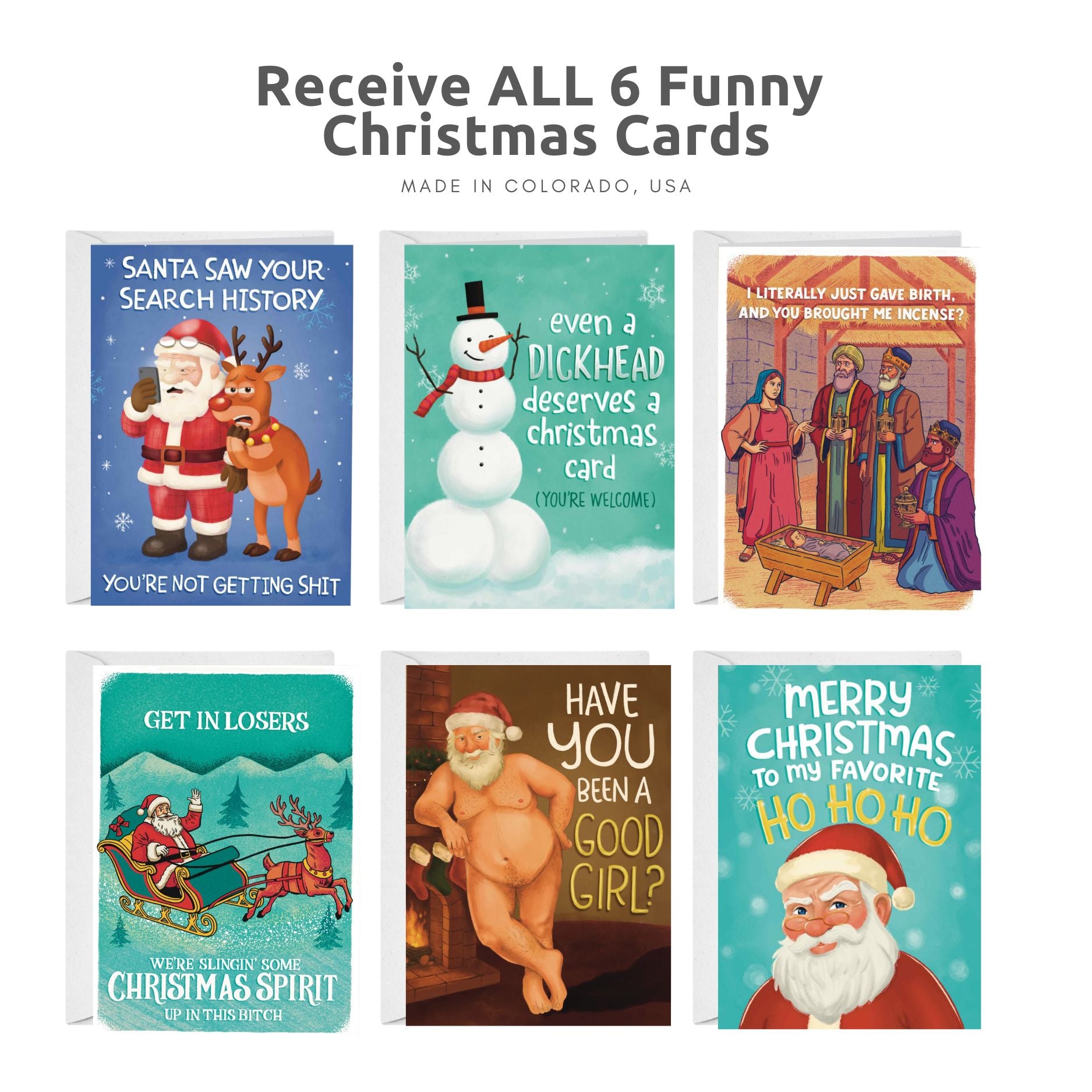Set of six humorous Christmas cards with various designs on a white background.