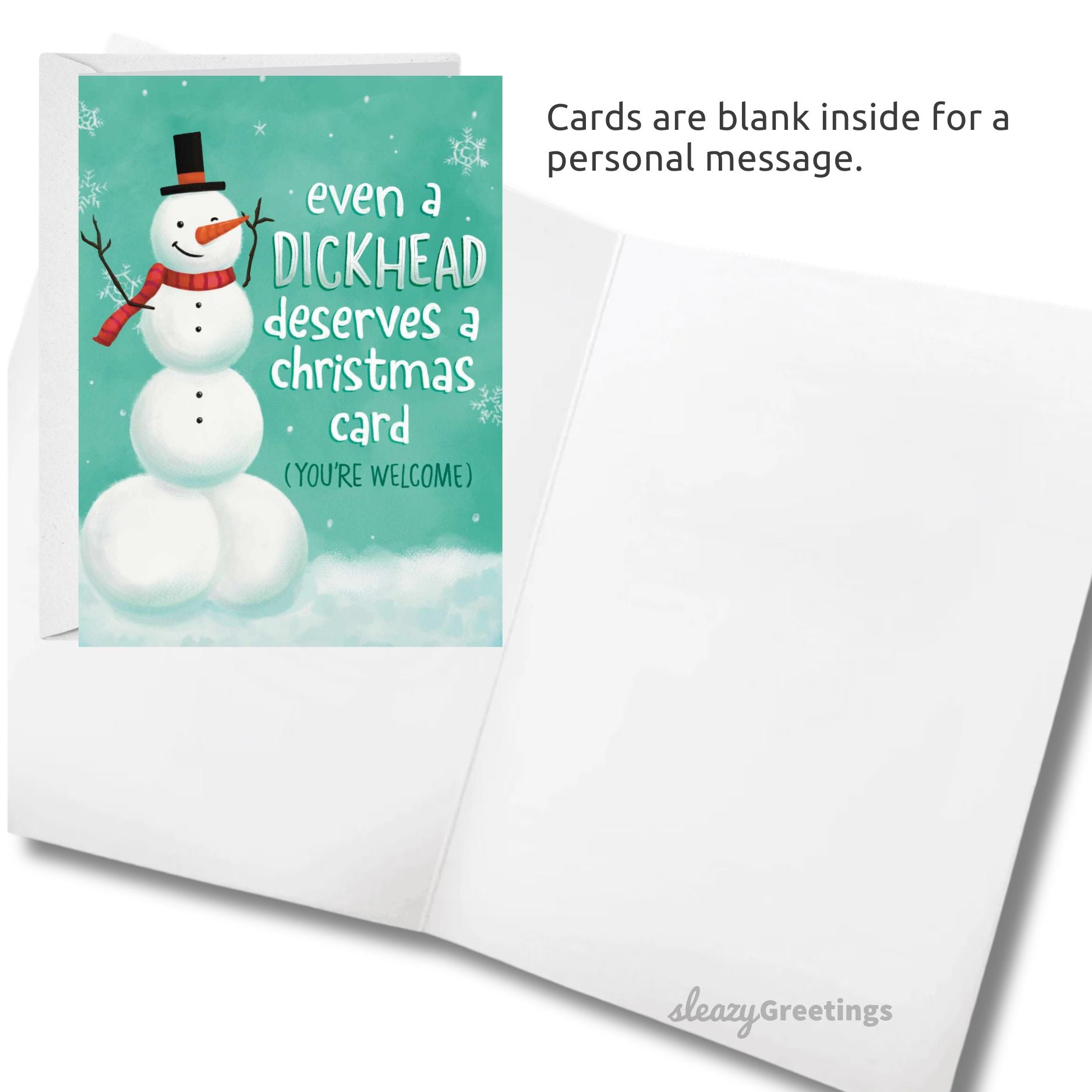 Christmas card with a snowman and humorous text on a teal background
