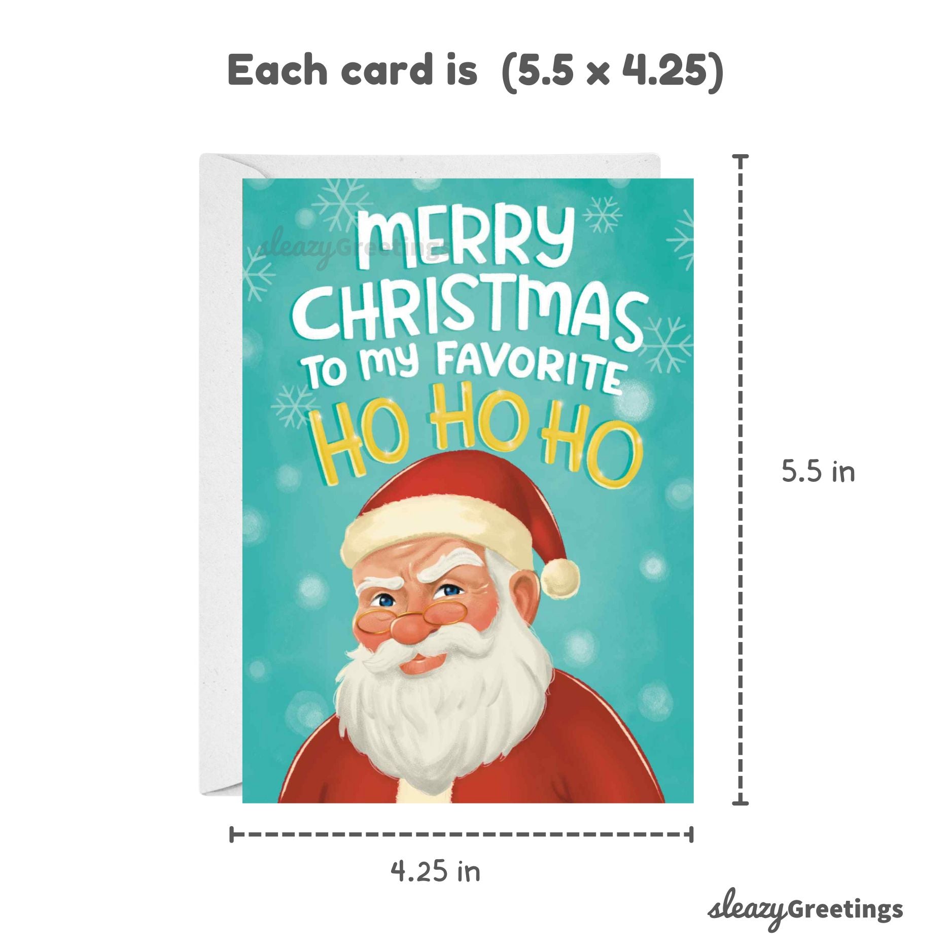 Christmas card with Santa Claus and text 'Merry Christmas to my favorite Ho Ho Ho' on a blue background, with dimensions displayed.