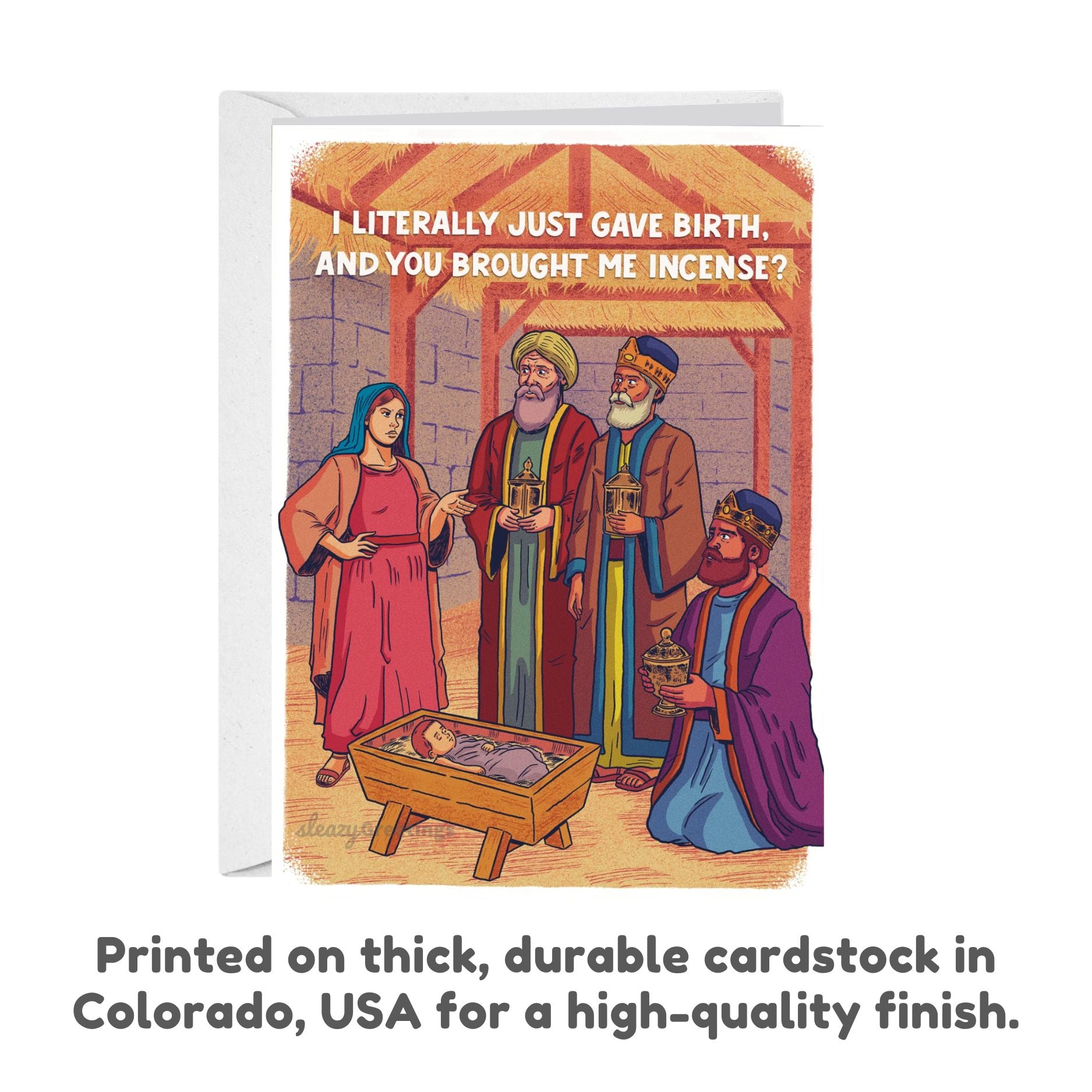 Card with nativity scene illustration and humorous text, printed on thick cardstock in Colorado.