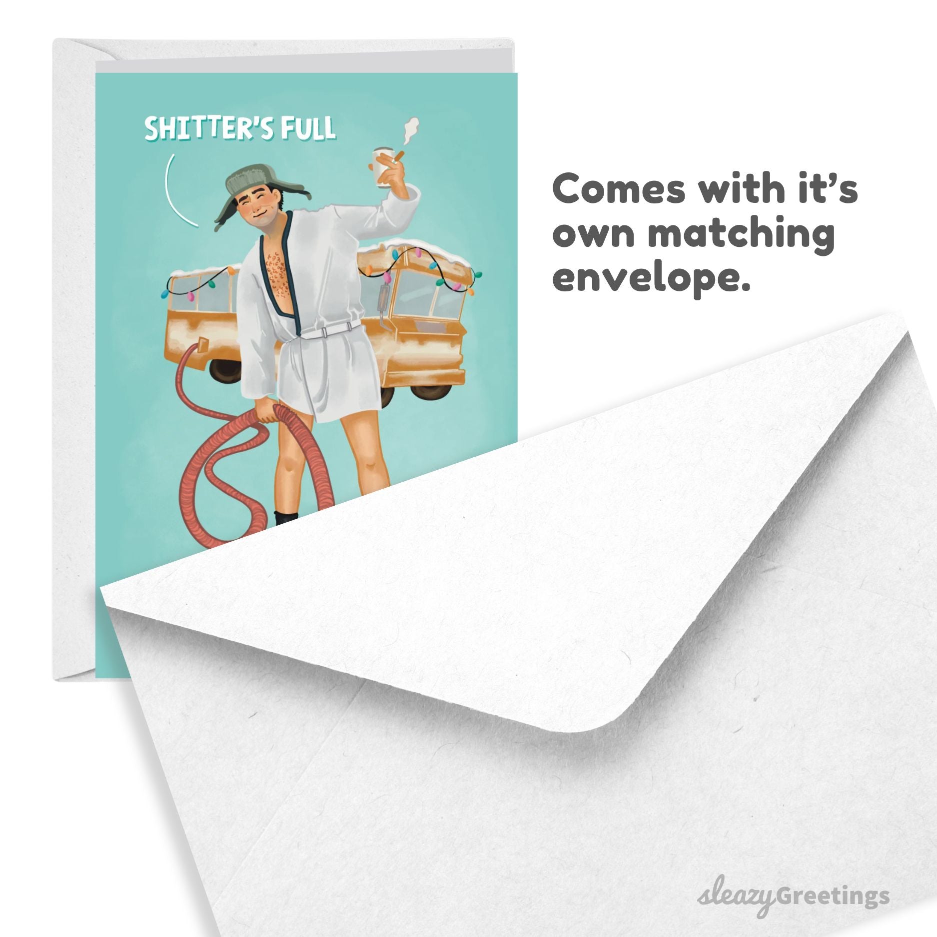 Greeting card with illustration of a person in a bathrobe holding a toilet, accompanied by an envelope, on a white background.