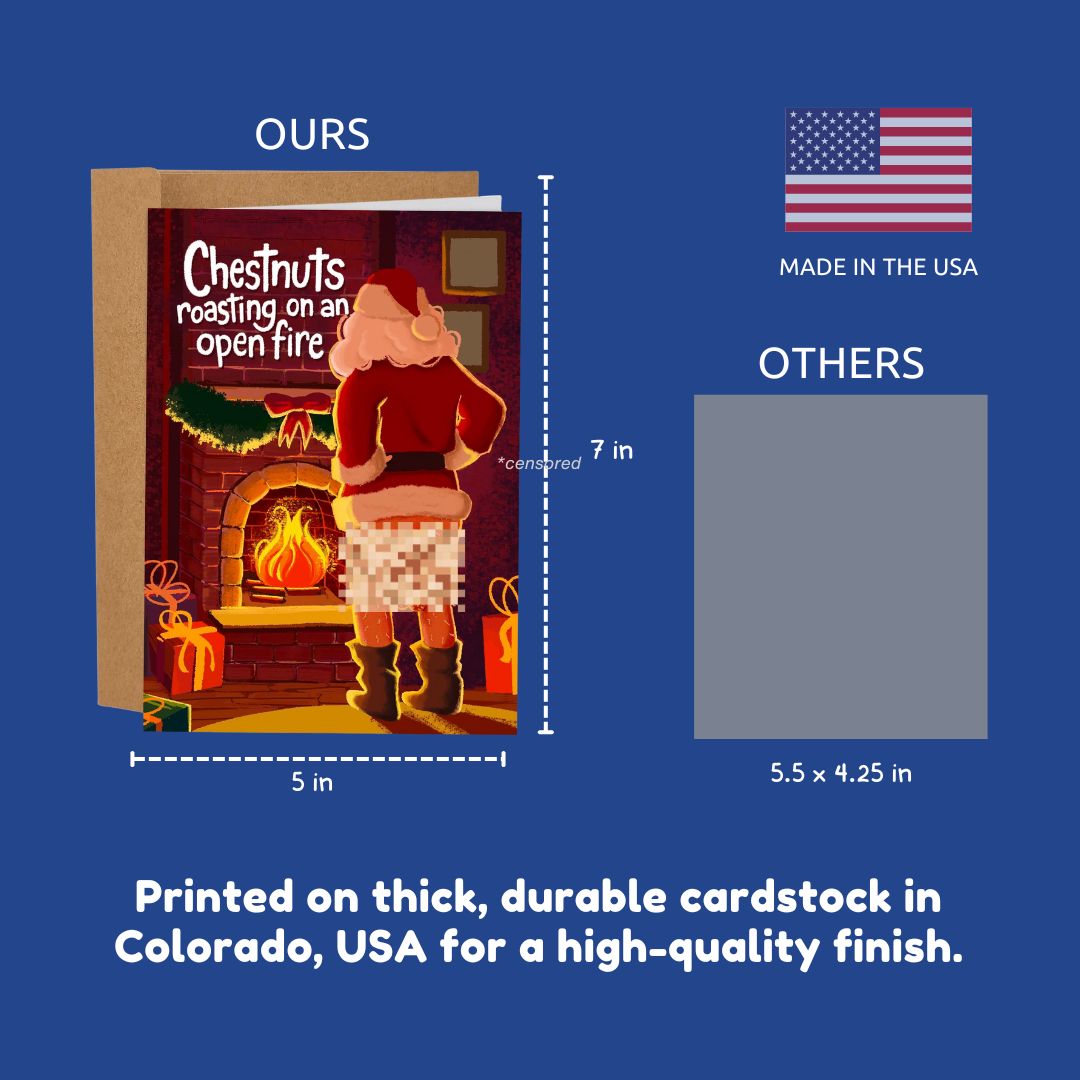 Comparison of a Christmas card with Santa Claus and text 'Chestnuts roasting on an open fire' to other cards, with dimensions and text about quality and origin.