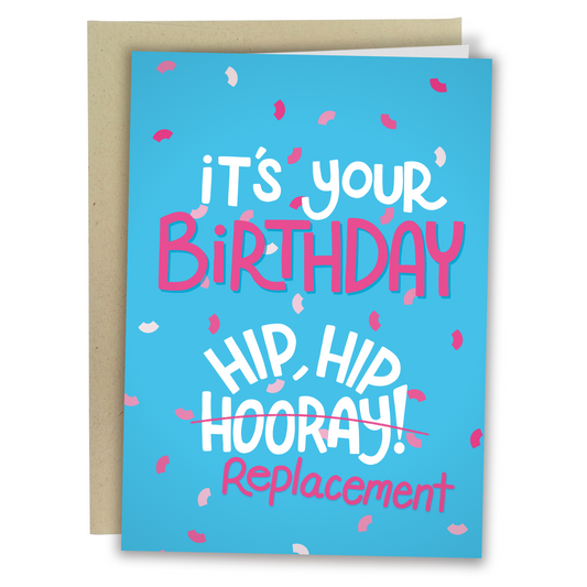 hip hip replacement card confetti blue pink