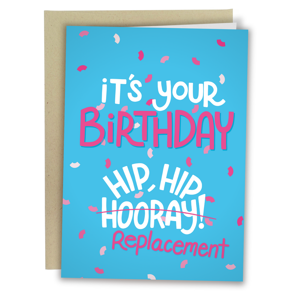 hip hip replacement card confetti blue pink
