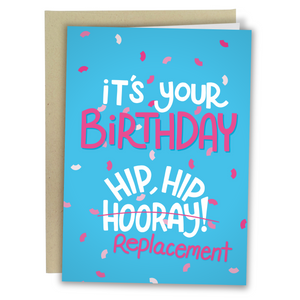 hip hip replacement card confetti blue pink