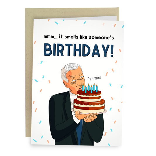 funny Joe Biden birthday card smelling cake sniffing