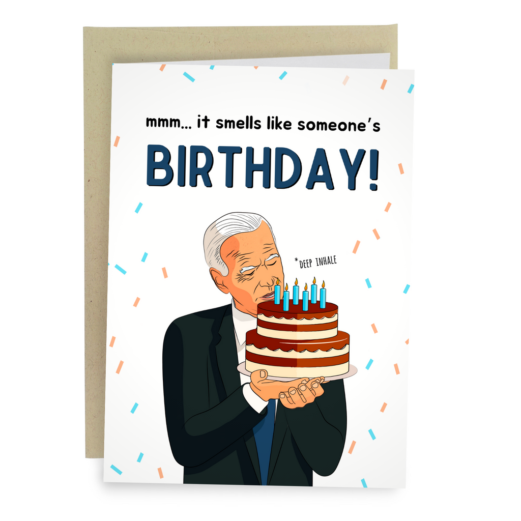 funny Joe Biden birthday card smelling cake sniffing
