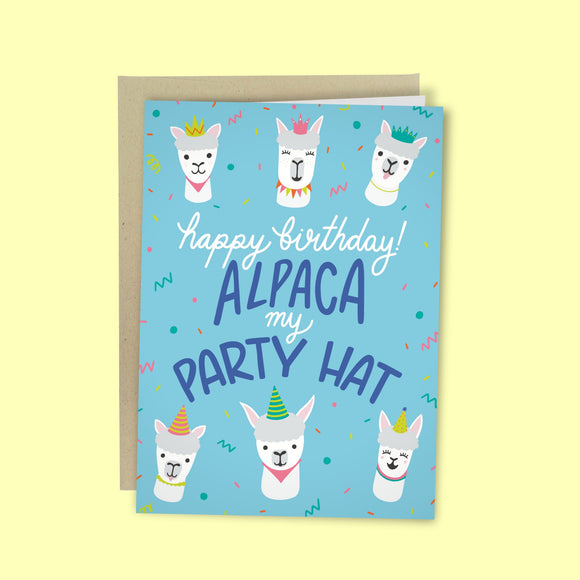 Funny Happy Birthday Card, Alpaca Funny Birthday card, Pun Aplaca Party Hat Birthday Card
